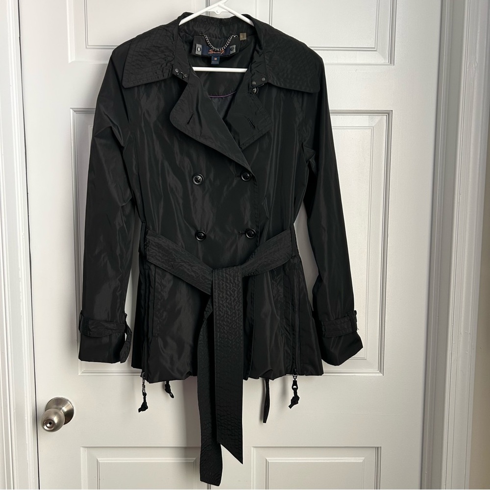 Seven7 Belted Trench Coat Womens M Black Shiny Short Midi Jacket Classic Flared